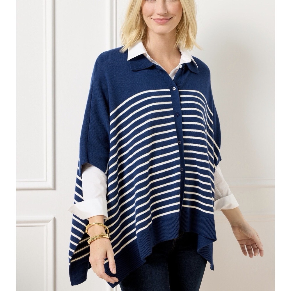 Talbots‎ Womens Size-3X Womens Polo Poncho Blue White Striped Button Front